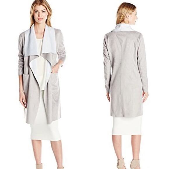 Belle by Badgley Mischka Gray & White Faux Suede Duster Jacket - Picture 1 of 10